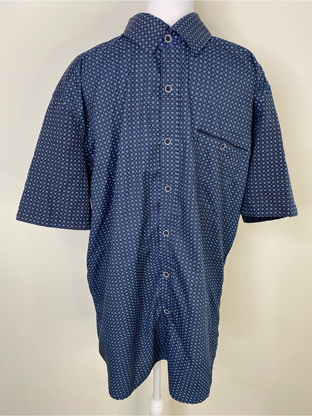 Craft + Flow Navy Blue Button Up Short Sleeve Shirt Men's L Floral Diamond Prep